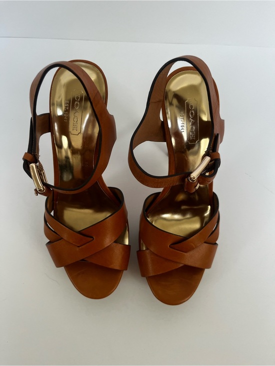 Coach Shoes - Coach Tan Leather Crisscross Wedge Sandals with Gold Accents